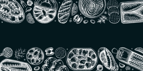 Canned fish and seafood background. Hand drawn sardines, anchovy, mackerel, tuna, mussels in tin cans, fish canapes, olives, crackers and lemons sketches on chalkboard. Table view banner design